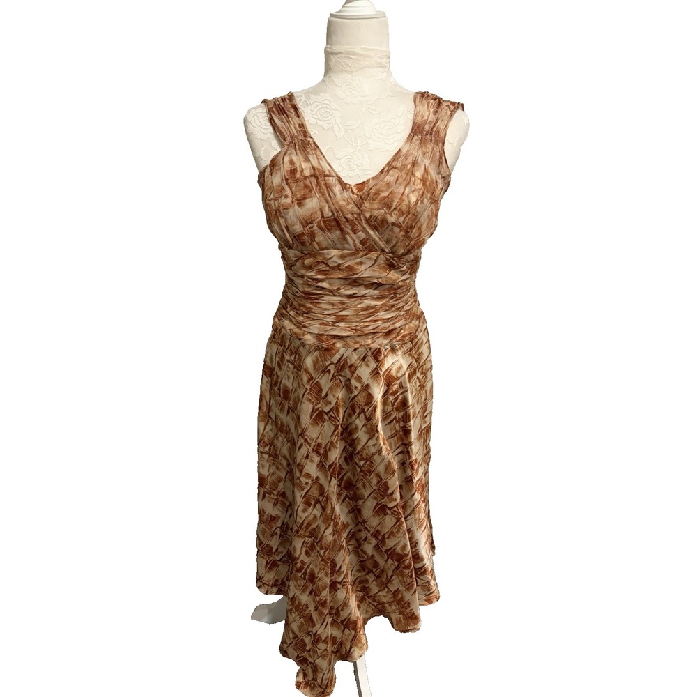 Donna Ricco 100% Silk Rust Fit & Flare Dress~8~ Ruched Boned Bodice Pinup Vamp